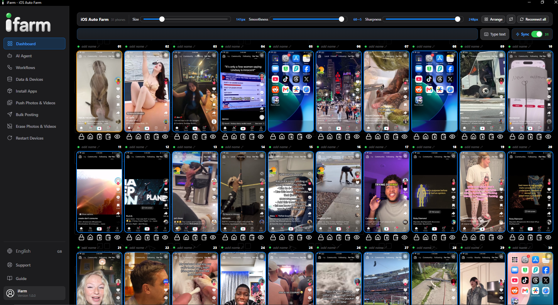 31 real iPhones running TikTok at once in iFarm